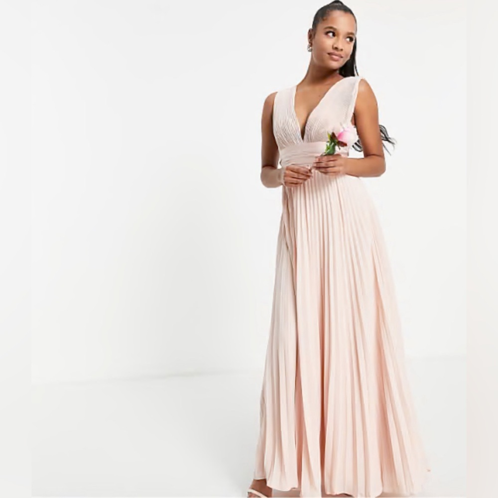 ASOS Size 10P pleated maxi dress tie wrap waist Blush Pink Bridesmaid Formal